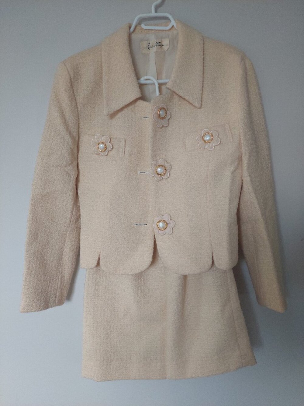 Yoko Tsuji Japan Women's Sz 4 Tweed Jacket Skirt Suit Set Cream Wool Vintage